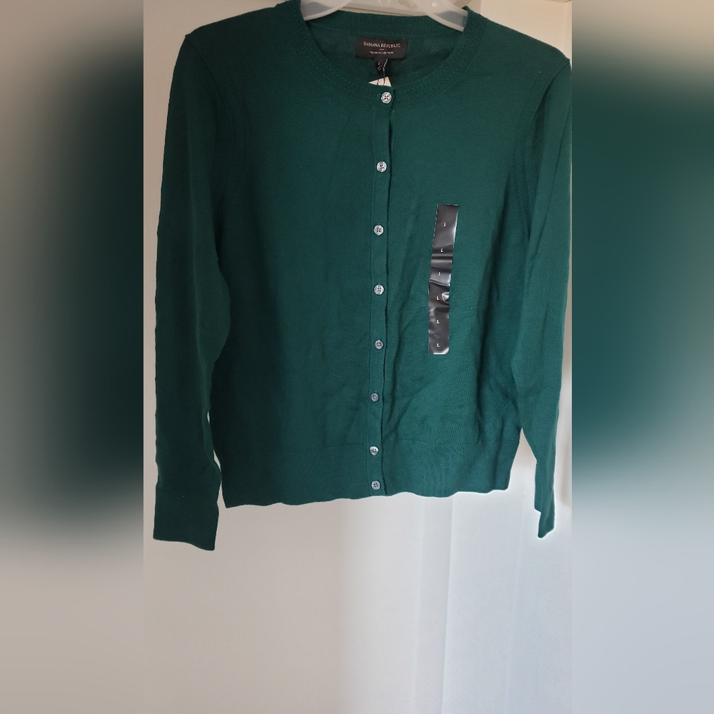 Dark Green Button Front Merino Wool Cardigan
